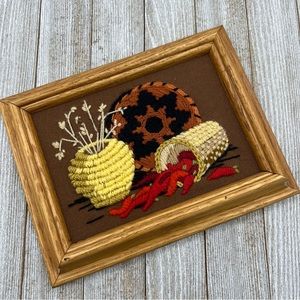 Vintage Southwest Baskets and Red Chili Peppers Crewel Needlepoint Framed Art